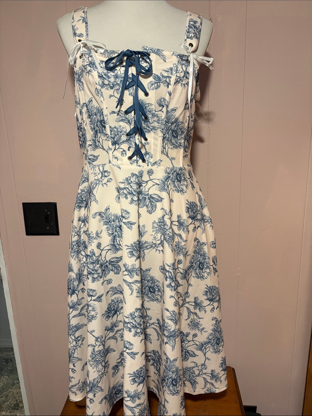 Blue Floral Lace-Up Midi Dress for Women